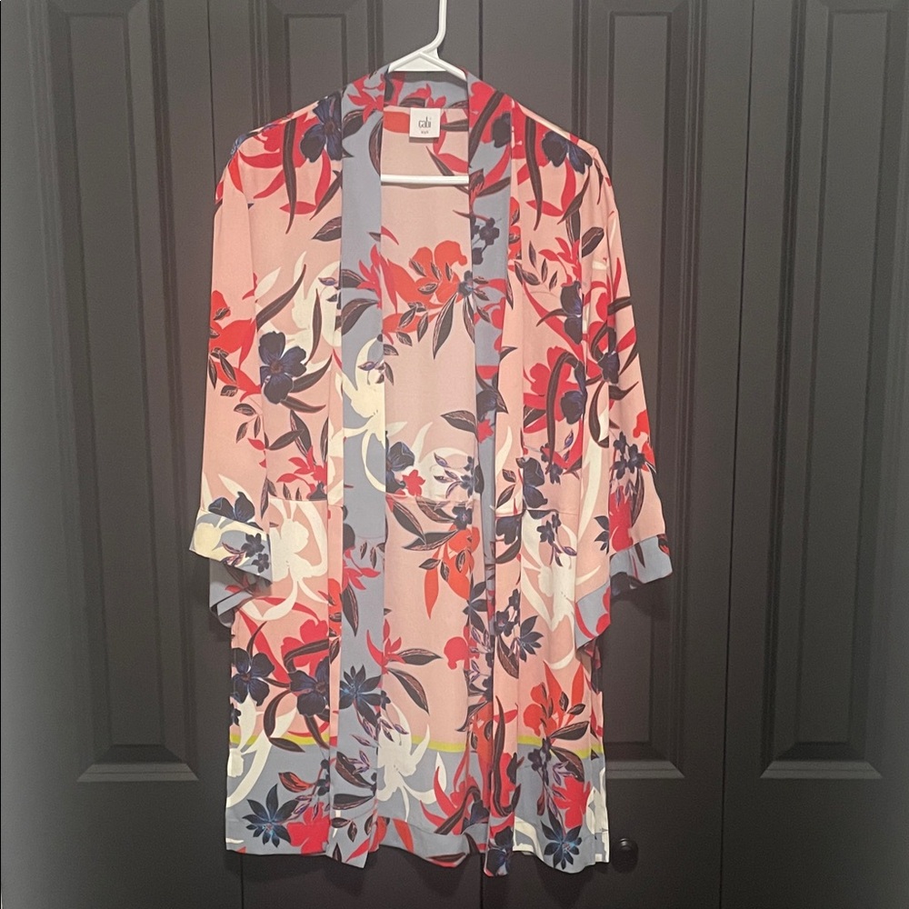 CAbi Pink Floral Open-Front Kimono with Coral & Navy Accents